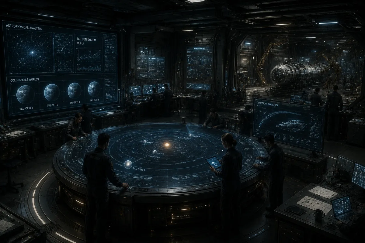 Sala de análisis astrofísico: el sistema Tau Ceti y sus cuatro mundos colonizables en pantalla